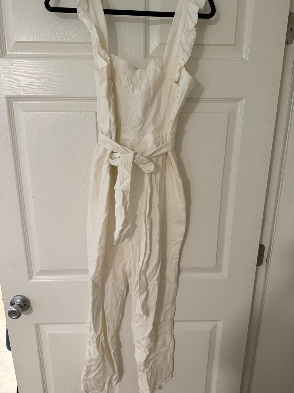 Cream Ruffle-Strap Strapless Jumpsuit with Tie Waist